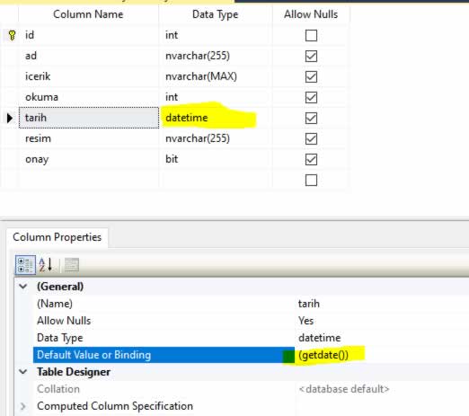 SQL de datetime tipi için default değer vermek